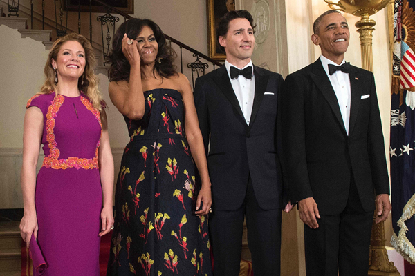 Elegant Michelle at dinner honoring Canada's PM