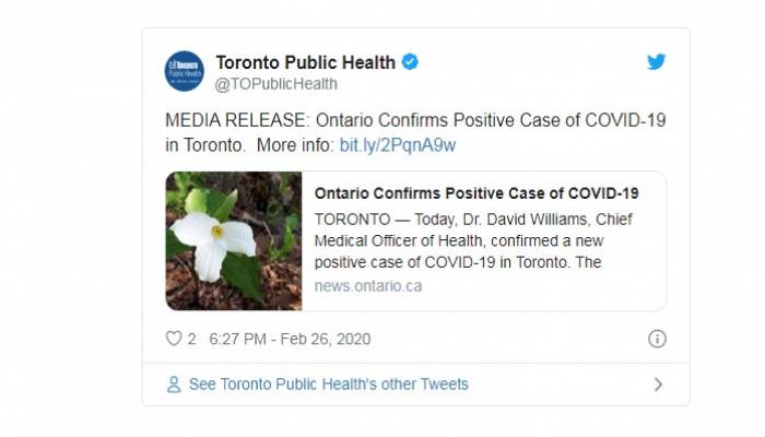 New case of Coronavirus confirmed in Toronto