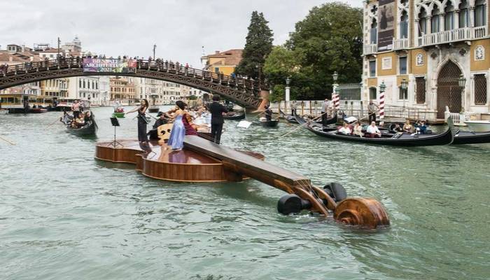 A giant violin floats down Venice’s Grand Canal