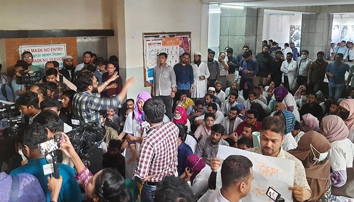 BSMMU interns block VC office, stage demo for fair wages