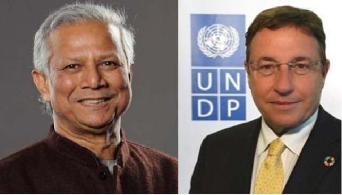 UNDP Administrator Achim Steiner greets Chief Adviser Dr Yunus