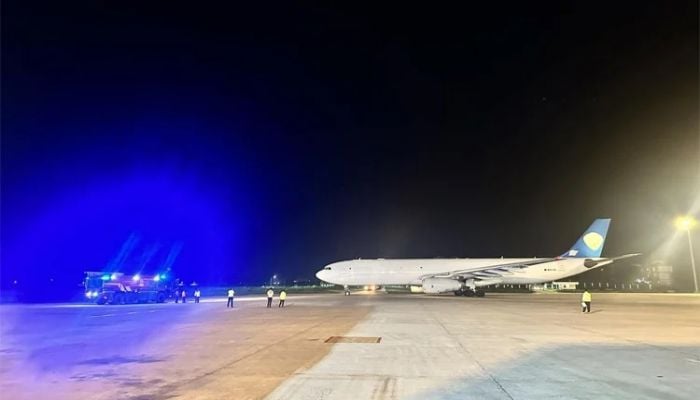 Water cannons spout as first freighter flight takes off from Sylhet