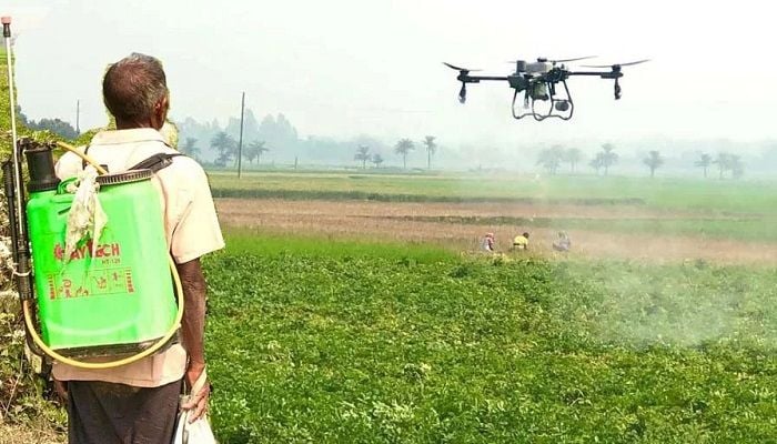 Drone technology used to spray pesticides in Niamatpur 